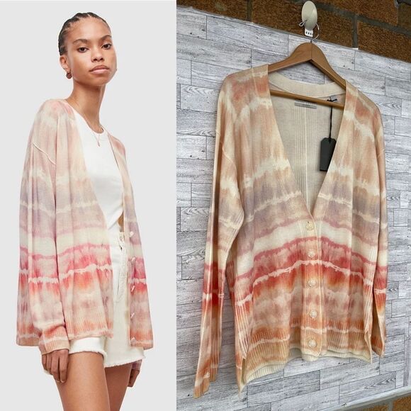 Allsaints Marea Tie Dye Cardigan Sweater Merino Wool Rainbow Cream New M - Picture 3 of 17